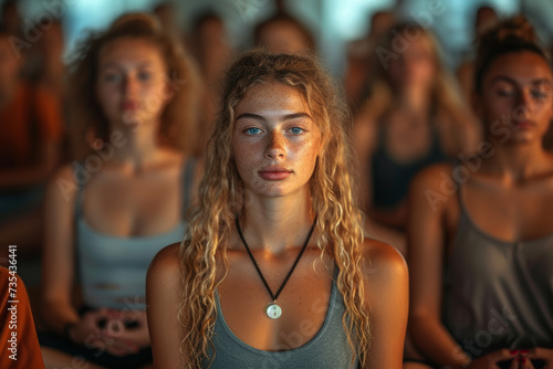 A shot of individuals meditating in a yoga class, their faces obscured by serene expressions and the meditative atmosphere. Concept of introspective anonymity. Generative Ai.