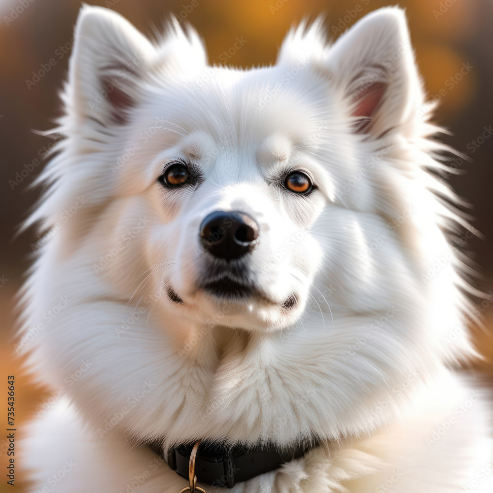 Portrait of cute fluffy white american eskimo dog in the field. Happy smiling purebred american eskimo dog shot outdoors on nature background. 