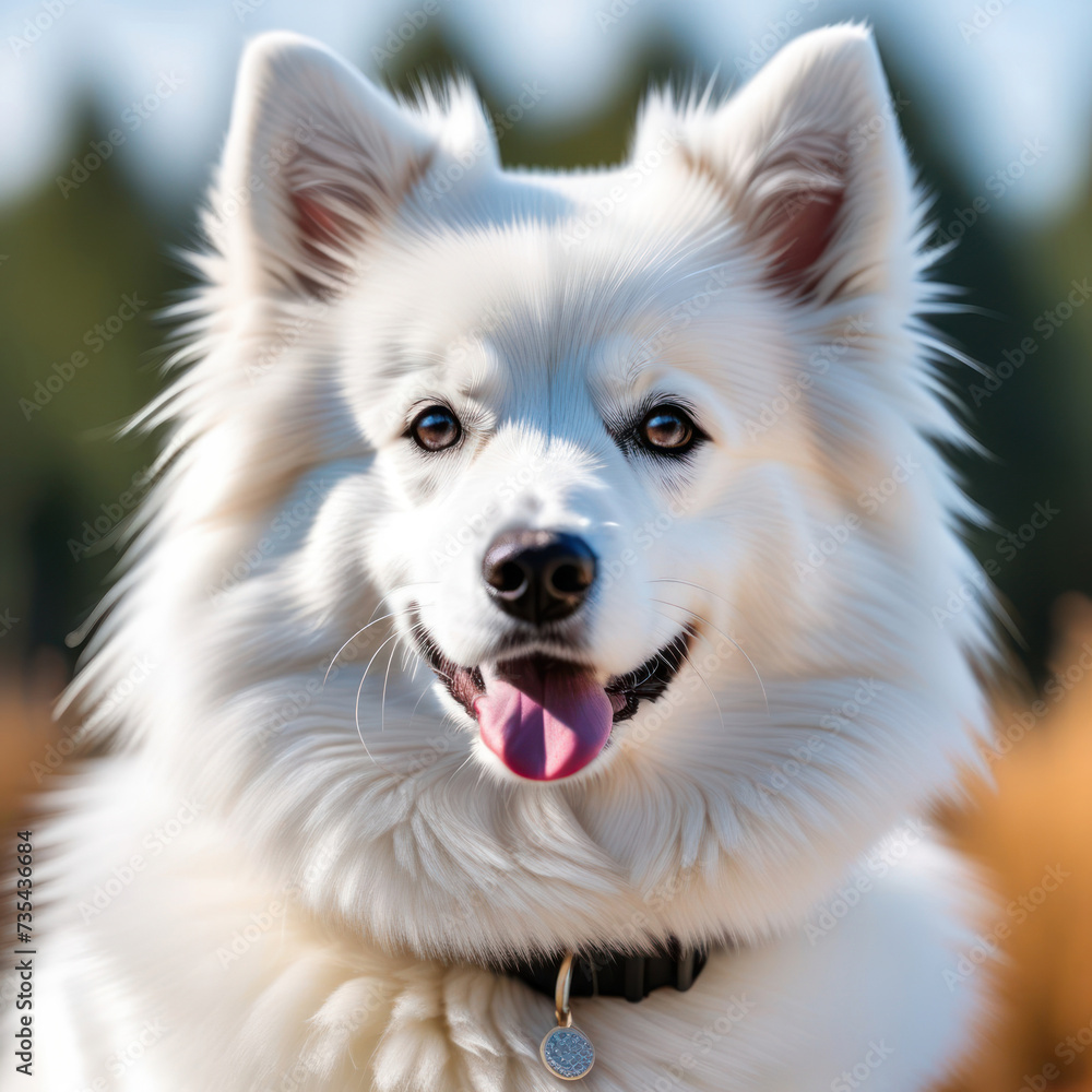 Portrait of cute fluffy white american eskimo dog in the field. Happy smiling purebred american eskimo dog shot outdoors on nature background. Portrait of cute fluffy white american eskimo dog in the field. Happy smiling purebred american eskimo dog shot outdoors on nature background.