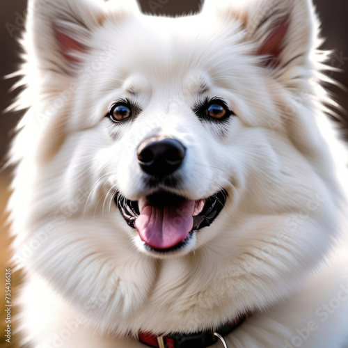 Portrait of cute fluffy white american eskimo dog in the field. Happy smiling purebred american eskimo dog shot outdoors on nature background.
