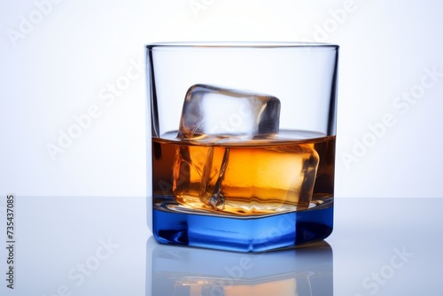 glass of whiskey with ice on a white background. minimalistic composition.