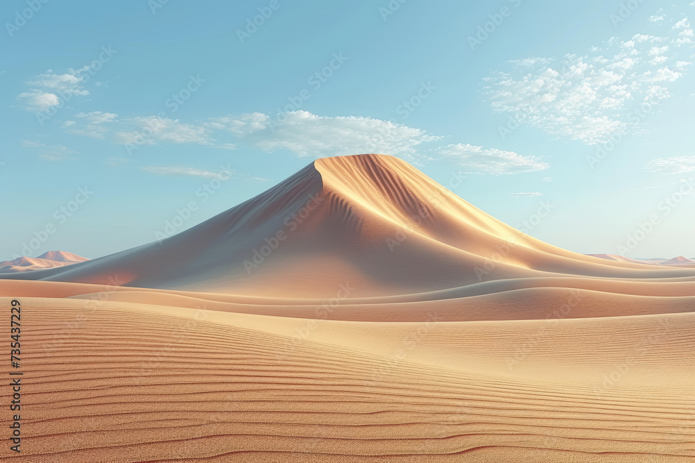 A minimalist desert landscape in warm shades of sand, emphasizing the vastness and solitude of arid terrains. Concept of monochromatic desolation. Generative Ai.