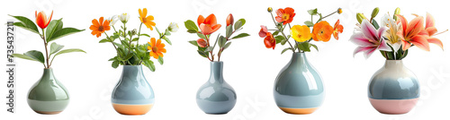 Decorative flowers in porcelain pots on a transparent or white background generative ai