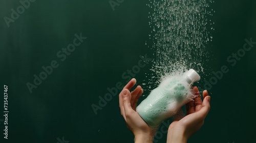 Woman's hand holds a white shower gel bottle in dark green backdrop