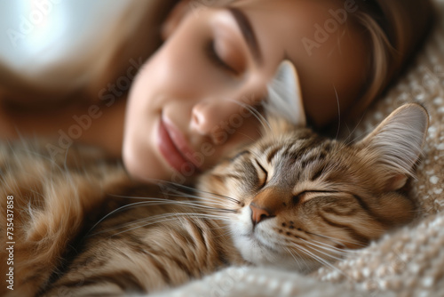 A peaceful woman blissfully rests, her head gently nestled on a cat