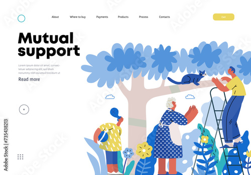 Mutual Support: Rescue cat from tree -modern flat vector concept illustration of elderly woman and man on a ladder under the tree Metaphor of voluntary, collaborative exchanges of resource, services