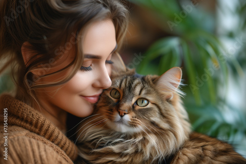 Young woman embraces a furry feline in her arms  creating a serene and captivating moment of connection