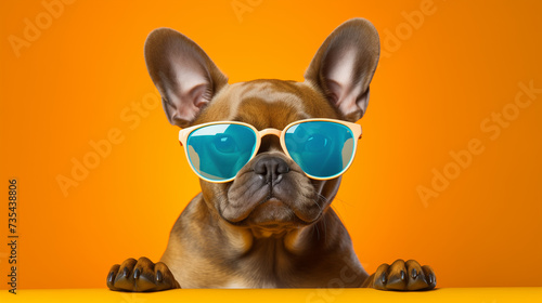  French bulldog with sunglasses on an orange background. © Positive Click