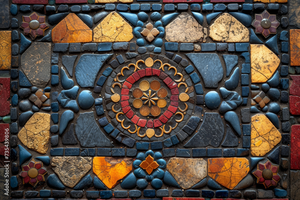 A close-up of an intricate mosaic tile pattern in a historical building, showcasing the meticulous craftsmanship and balanced geometric design. Concept of balanced mosaic geometry. Generative Ai. A close-up of an intricate mosaic tile pattern in a historical building, showcasing the meticulous craftsmanship and balanced geometric design. Concept of balanced mosaic geometry. Generative Ai.