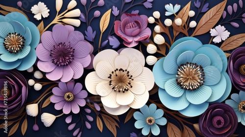 Exquisite blue and light purple textured flowers. Floral print for high quality decoration.