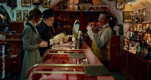 man and woman in pawn shop in 19 century, history of past time, 4K, Prores