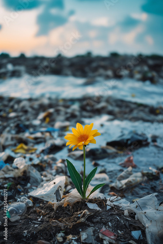 Yellow flower growing amidst plastic waste, trash