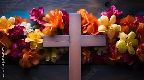Close-up of a wooden cross adorned with vibrant flowers, symbolizing hope and renewal on Easter morning.