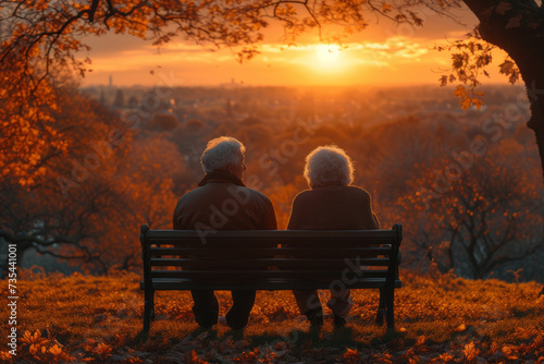 A photograph of an elderly couple enjoying a peaceful sunset on a park bench, highlighting the beauty of shared moments and enduring love in old age. Concept of enduring companionship. Generative Ai.