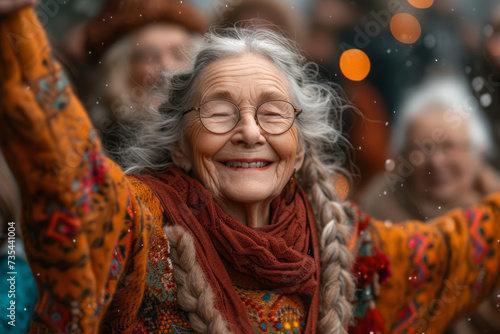 An image of a group of seniors engaged in a lively dance, showcasing the vibrancy and joy of social activities in later years. Concept of active and joyful aging. Generative Ai.