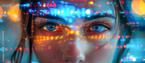 Closeup photo depicting eyes of a young tech worker woman looking at a glowing screen of data and online information - Watchful stare surveillance and modern privacy