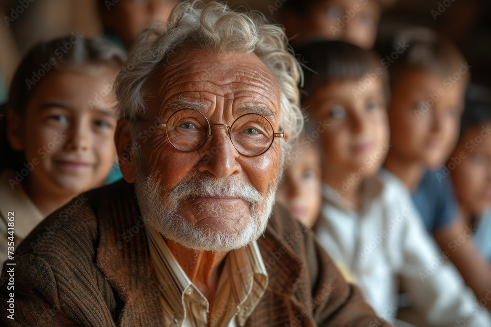 An image of a senior gentleman teaching a group of children in a mentoring program, emphasizing the wealth of knowledge and experience that older individuals can share with younger. Generative Ai. An image of a senior gentleman teaching a group of children in a mentoring program, emphasizing the wealth of knowledge and experience that older individuals can share with younger. Generative Ai.
