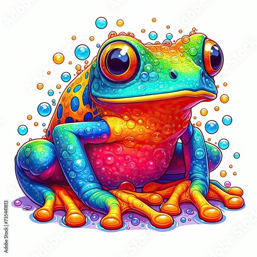 Colorful frog with bubbles isolated on white background