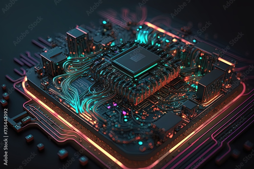 Motherboard with electronic circuits and processor with glowing elements.
