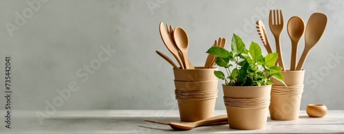 Banner eco friendly disposable kitchenware utensils on white background. 
