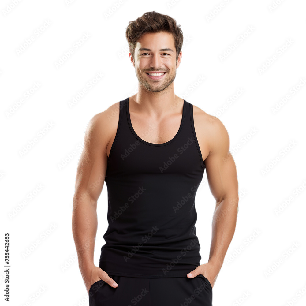 man in black singlet isolated on transparent background, fit model, happy, attractive, muscular, tank top, muscle shirt, undershirt, good looking