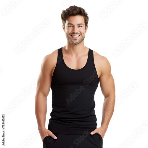 Obraz na płótnie man in black singlet isolated on transparent background, fit model, happy, attractive, muscular, tank top, muscle shirt, undershirt, good looking w salonie