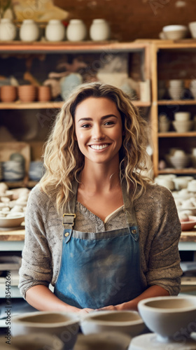 Woman is standing in front of pottery studio.