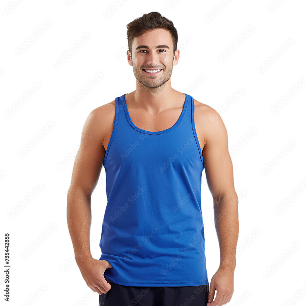man in blue singlet isolated on transparent background, fit model, happy, attractive, muscular, tank top, muscle shirt, undershirt, good looking