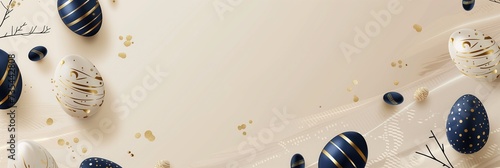 A minimalist corporate Easter banner, with stylized Easter eggs in dark blue and beige, accented with gold and small icons of legal books. Extensive blank space at the top for custom messaging. 