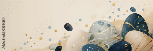 A minimalist corporate Easter banner, with stylized Easter eggs in dark blue and beige, accented with gold and small icons of legal books. Extensive blank space