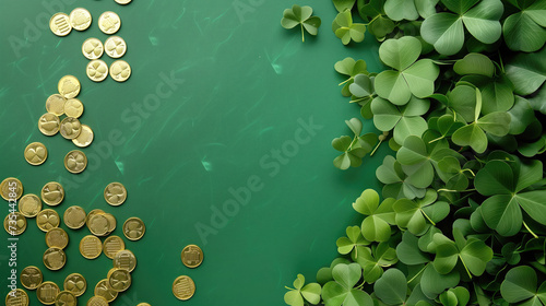 Shamrock and gold coins on green background, Patrick's day concept, text space