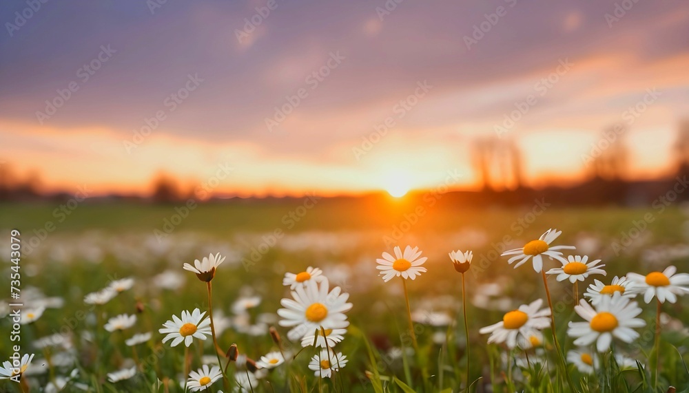 Daisies in the foreground on a spring meadow, blurred sky at sunset. Copy space created with generative ai