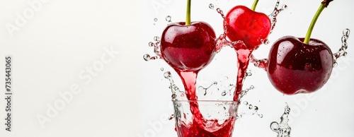 Cherry juice splash cut out on white background, banner, copy space