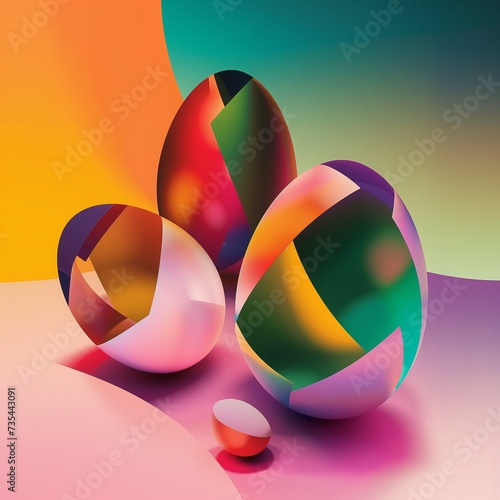 An abstract corporate Easter artwork, geometric shapes forming Easter eggs with company logos, against a gradient background. Space for text or design elements on the top half. 