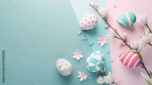 Corporate Easter graphic with space for text, displaying an arrangement of geometric Easter eggs and minimalist spring flowers on a corporate color-themed background