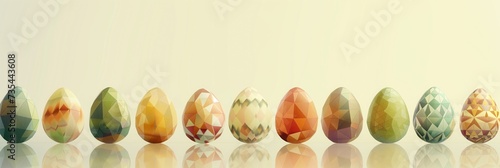 A corporate Easter web banner, showcasing an array of geometrically patterned Easter eggs in a row, against a soft, professional backdrop with room for slogan or contact info. 