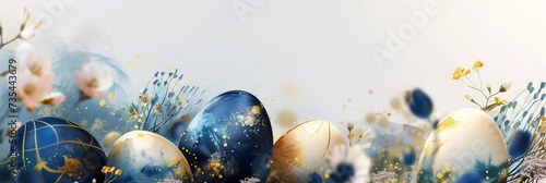 A dynamic corporate Easter banner, with abstractly painted Easter eggs in dark blue, beige and gold colors, against a backdrop of spring flowers and clear sky. Blank space at the top for custom msg 