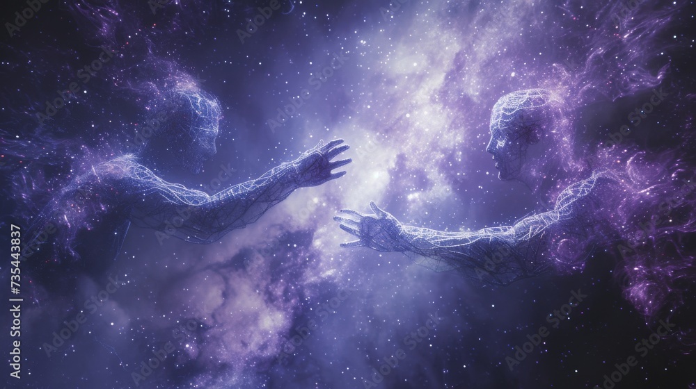 Astronauts float amidst the endless expanse of the universe, gazing at the dazzling stars, galaxies, and constellations that adorn the dark and mysterious night sky Astronauts float amidst the endless expanse of the universe, gazing at the dazzling stars, galaxies, and constellations that adorn the dark and mysterious night sky