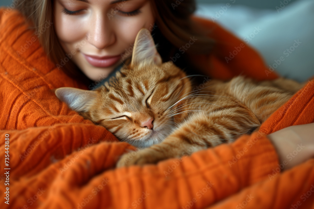 Young woman wearing a vibrant orange sweater, gently cradles a cat in her arms. Young woman wearing a vibrant orange sweater, gently cradles a cat in her arms.