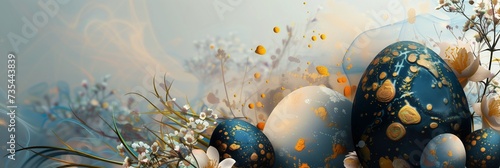A dynamic corporate Easter banner, with abstractly painted Easter eggs in dark blue, beige and gold colors, against a backdrop of spring flowers and clear sky. Blank space at the top for custom msg  photo