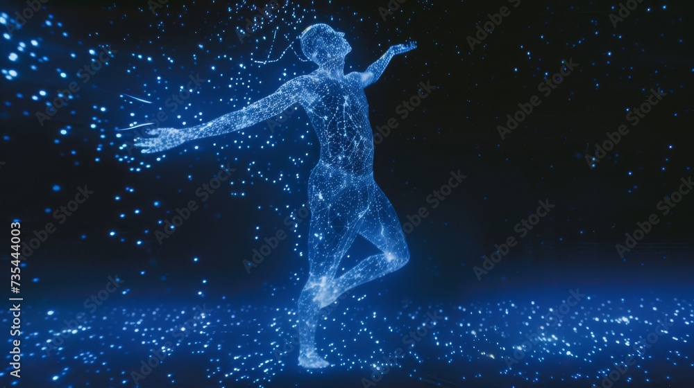 A solitary man bathed in a serene blue glow moves with fluid grace, his dance a reflection of the ever-changing waters that surround him