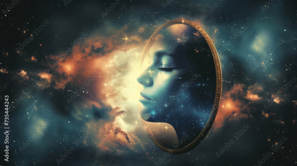 Obraz premium A reflection of a woman's face in a mirror captures the vastness and wonder of the universe, with a screenshot of outer space revealing stunning astronomical objects like nebulae and galaxies, all en