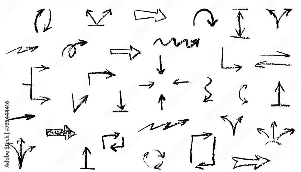 Group of chalked arrows. Hand drawn black charcoal crayon symbols for hand drawn diagrams. Vector doodle marker drawing Group of chalked arrows. Hand drawn black charcoal crayon symbols for hand drawn diagrams. Vector doodle marker drawing