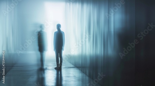 Amidst the thick fog, two figures stand in the dimly lit hallway, their silhouettes merging with the shadows, creating an eerie and mysterious atmosphere