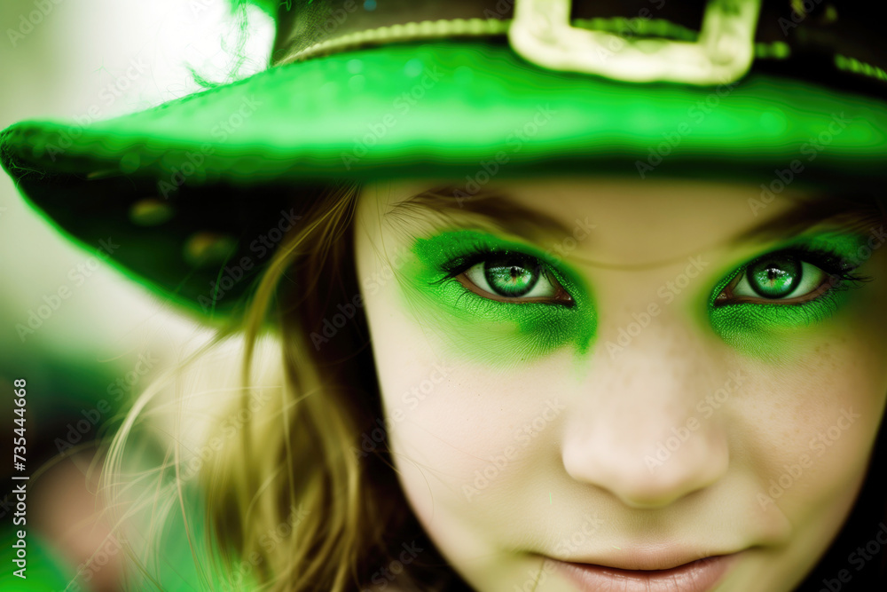 A fashionable female showcasing green makeup and a leprechaun hat as part of the Patrick's Day festivities in Ireland A fashionable female showcasing green makeup and a leprechaun hat as part of the Patrick's Day festivities in Ireland