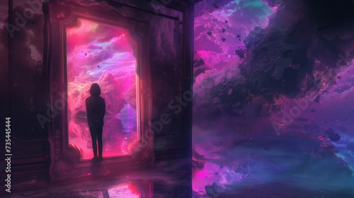 A contemplative figure gazes into a vibrant mirror, surrounded by the deep hues of a mystical cave, creating a stunning work of magenta art photo