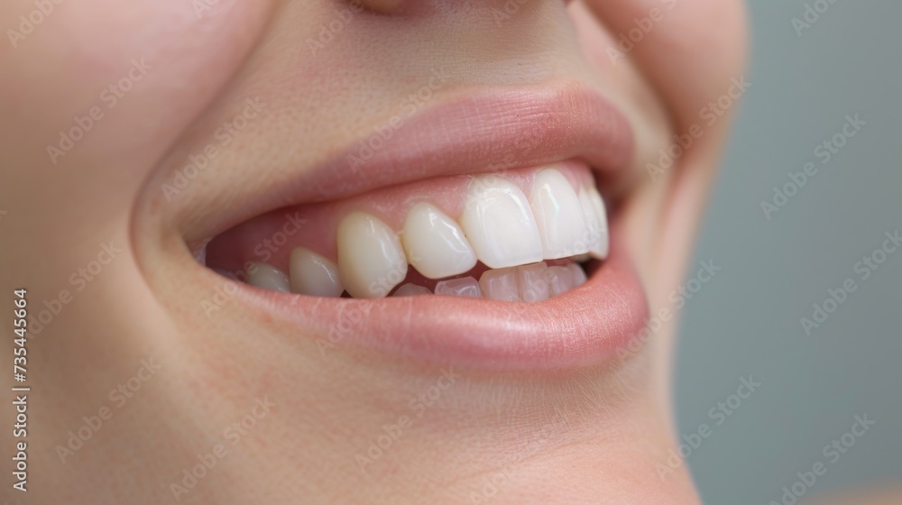 Obraz premium A stunning closeup of a woman's mouth, revealing her radiant smile and perfectly maintained teeth, with her skin glistening and lips plump, showcasing the beauty of the human face and the importance 