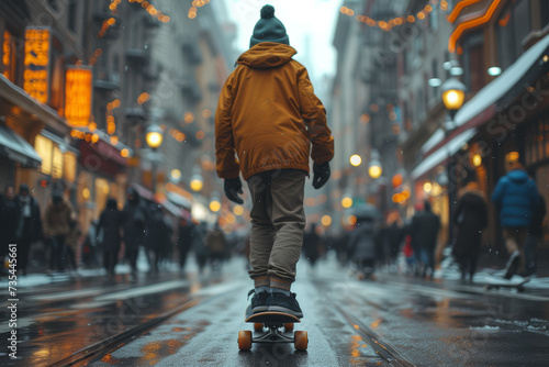 A courier skateboarder gliding through pedestrian zones, providing nimble parcel delivery services. Concept of urban skate logistics. Generative Ai. photo