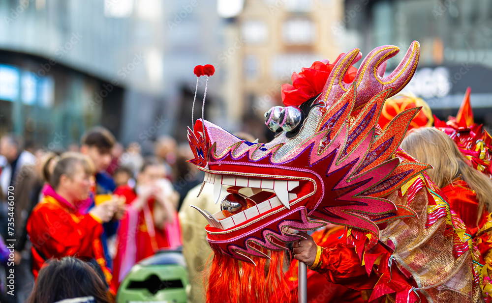 Dragon dance during Chinese lunar year celebrations in London, England