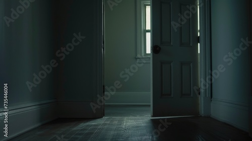 A solitary door stands in the center of a dimly lit room, its handle gleaming in the soft light, beckoning to an unknown destination within the sturdy walls and polished flooring of the building